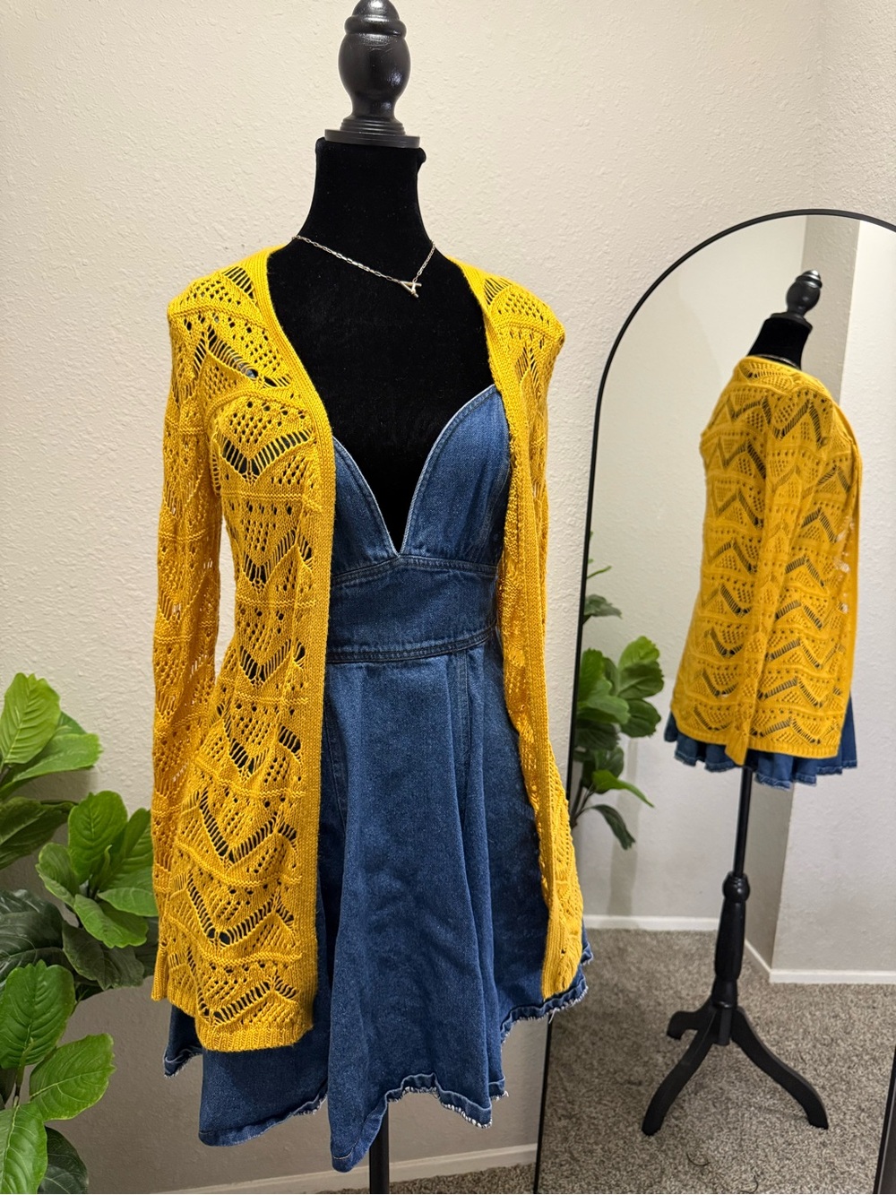 Cato Mustard Open-Knit Long Sleeve Cardigan